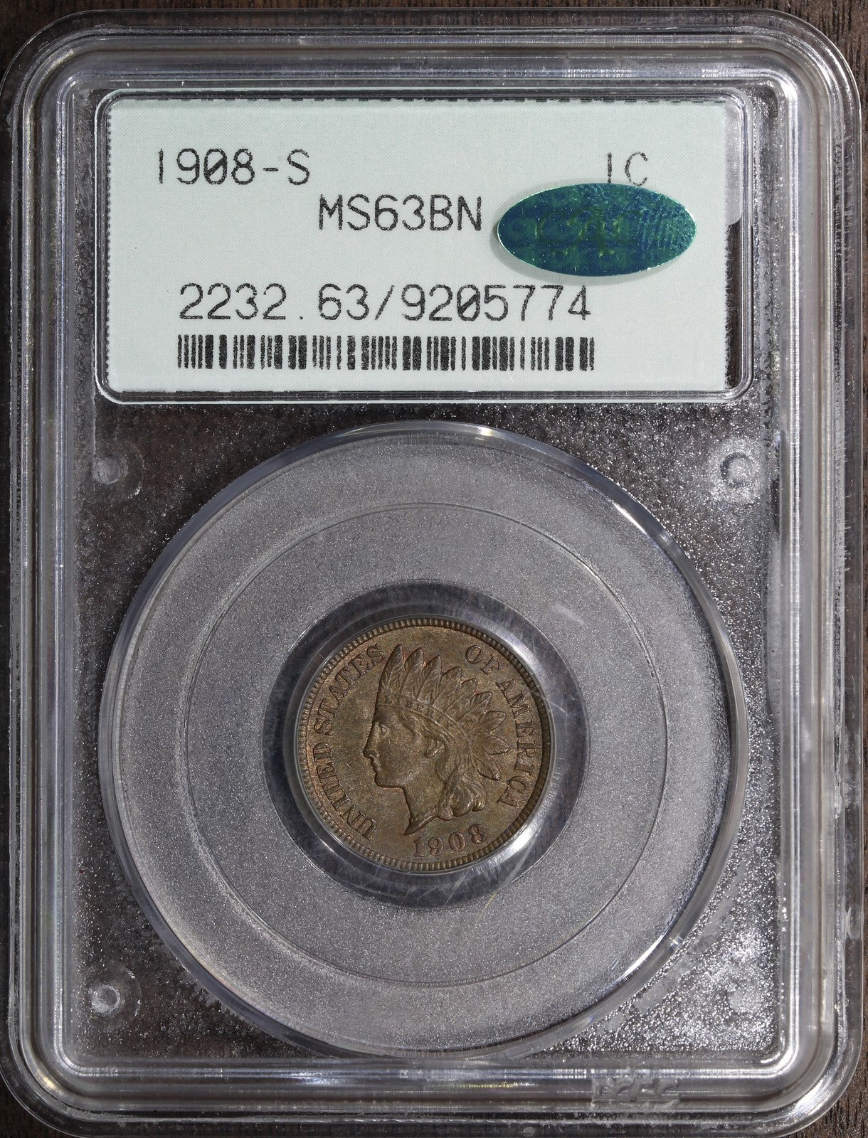 1908-S (MS63 BN) Indian Head Cent 1C IHC PCGS OGH - Key Date!