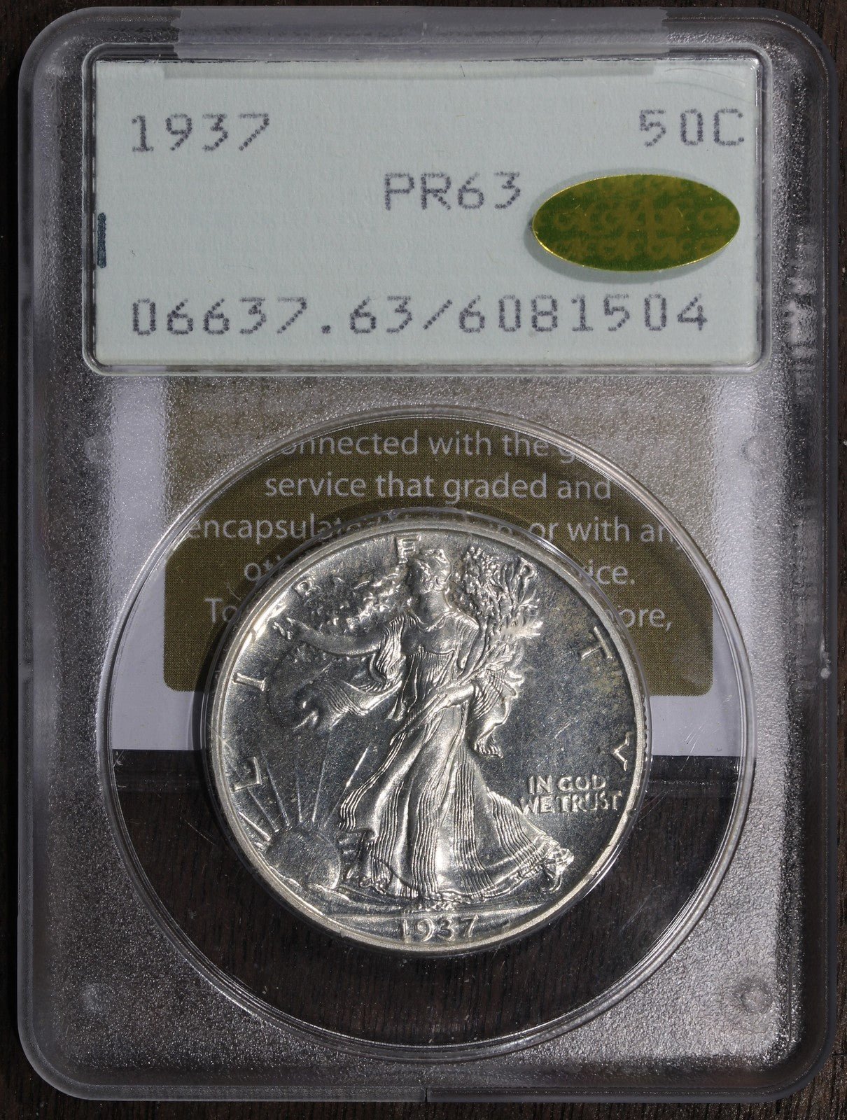1937 (PR63 GOLD CAC) Walking Liberty Half Dollar 50C PCGS Rattler