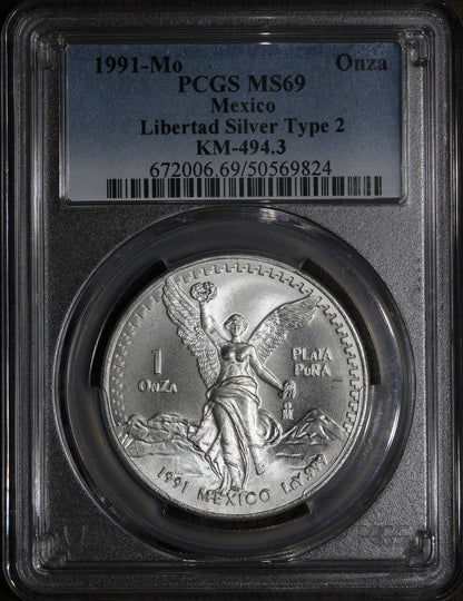 1991-Mo (MS69) Type 2 Mexican Silver Libertad Onza PCGS - Top POP