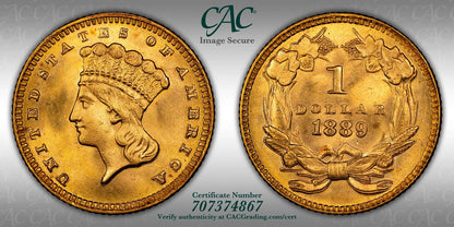 1889 (MS67 CAC) Type 3 Indian Princess Gold Dollar G$1 CACG - Superb GEM