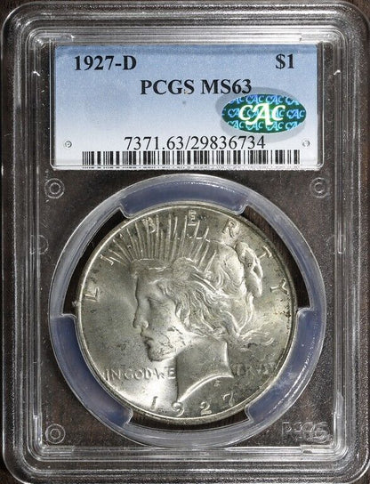 1927-D (MS63 CAC) Peace Silver Dollar $1 PCGS - Tough Date, CAC Approved