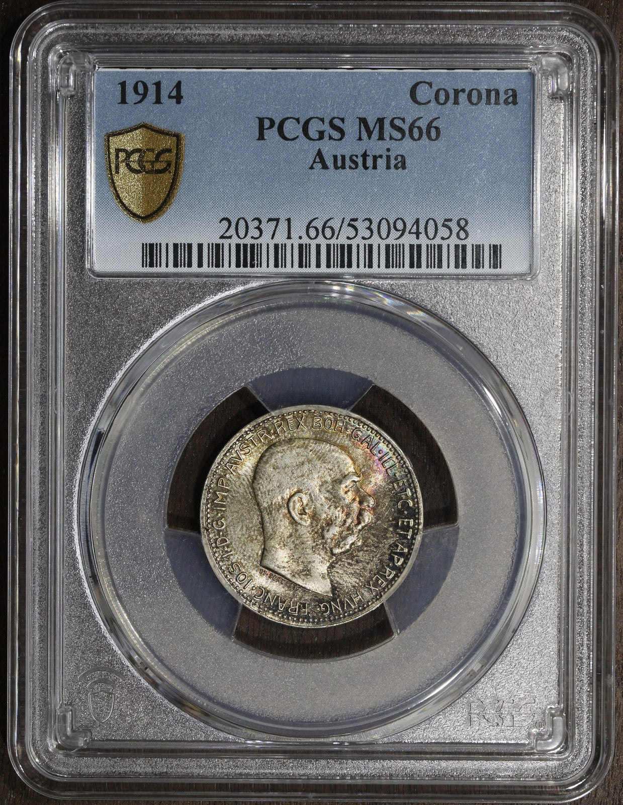 1914 (MS66) Austria Franz Joseph Silver 1 Corona PCGS - Rainbow Toned Top Pop