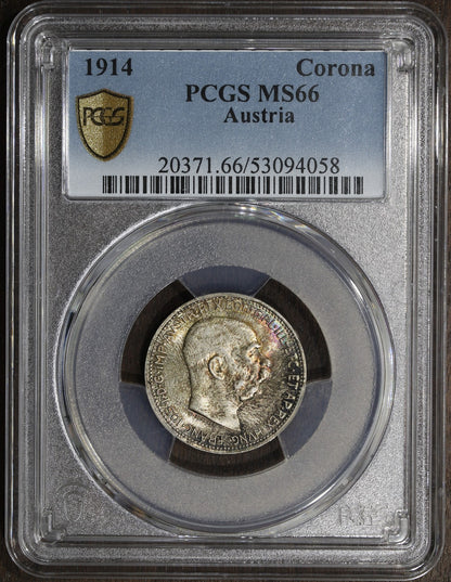 1914 (MS66) Austria Franz Joseph Silver 1 Corona PCGS - Rainbow Toned Top Pop