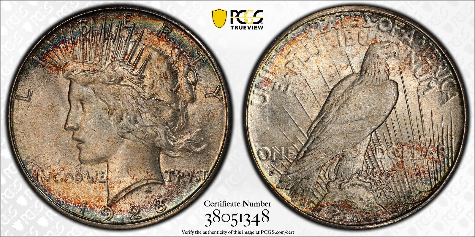 1928-S (MS64+ CAC) Peace Silver Dollar $1 PCGS - Key Date, Plus, COLOR!!