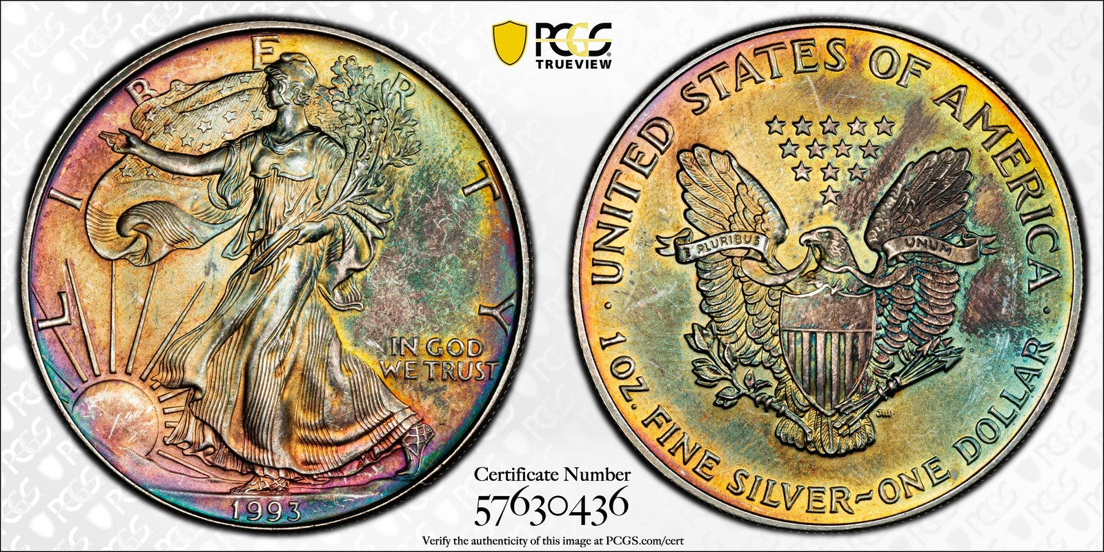 1993 (MS65) Rainbow Toned American Silver Eagle $1 ASE PCGS