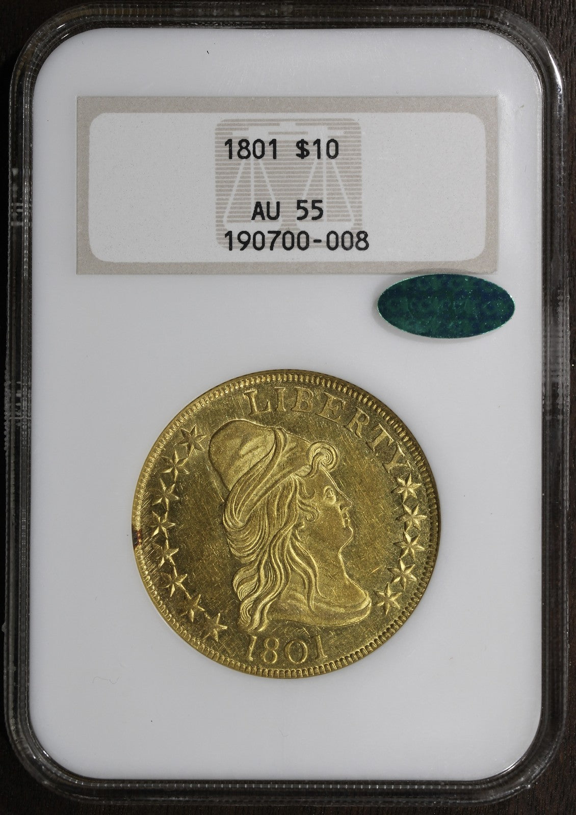 1801 (AU55 CAC) Draped Bust Gold Eagle $10 NGC Fatty Old Holder