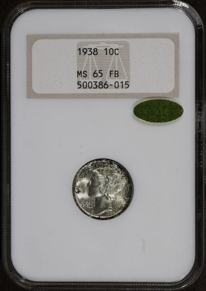 1938 (MS65FB Gold CAC) Mercury Dime 10C NGC Fatty - Gold CAC!