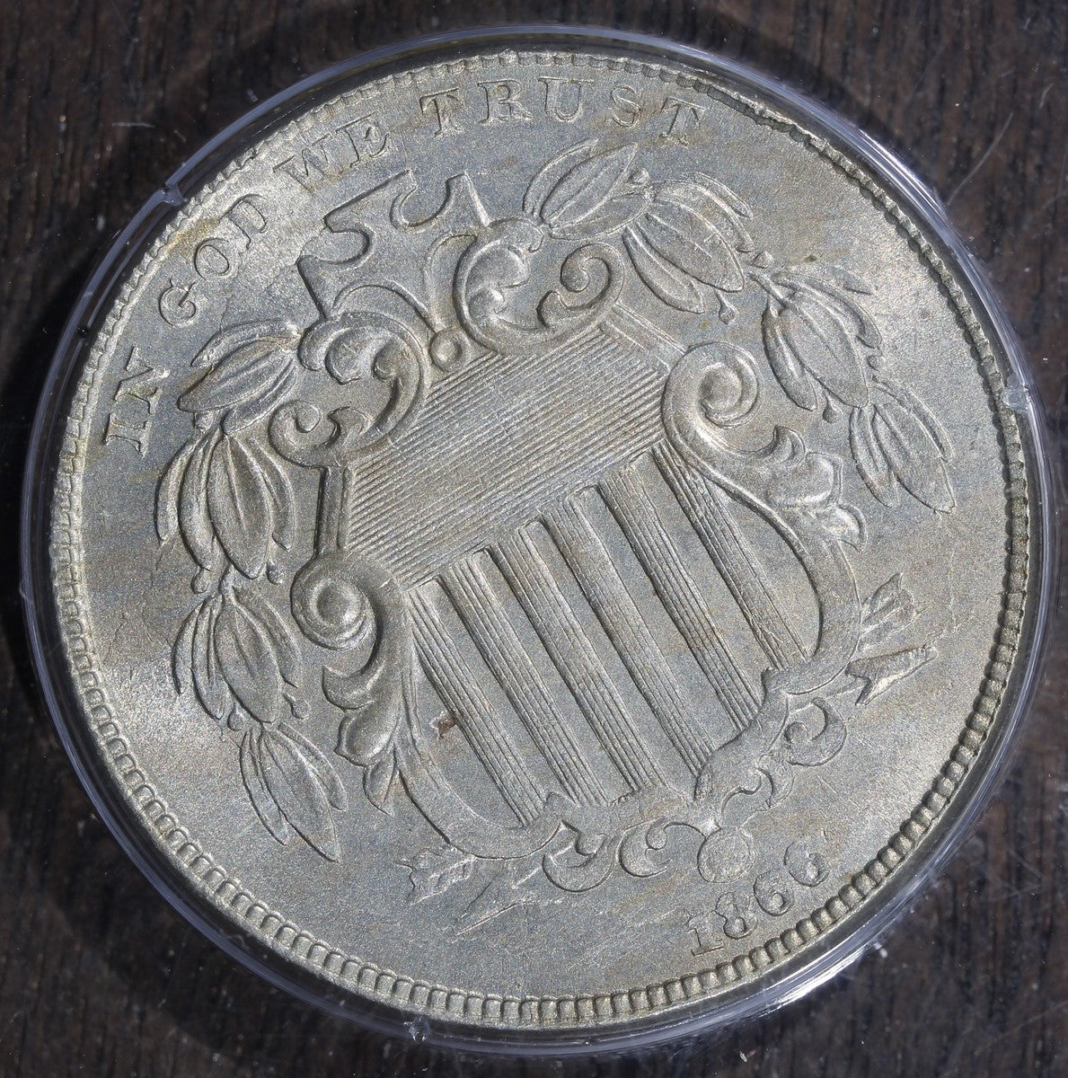 1866 (MS64 CAC) Shield Nickel 5C PCGS Rattler - With Rays