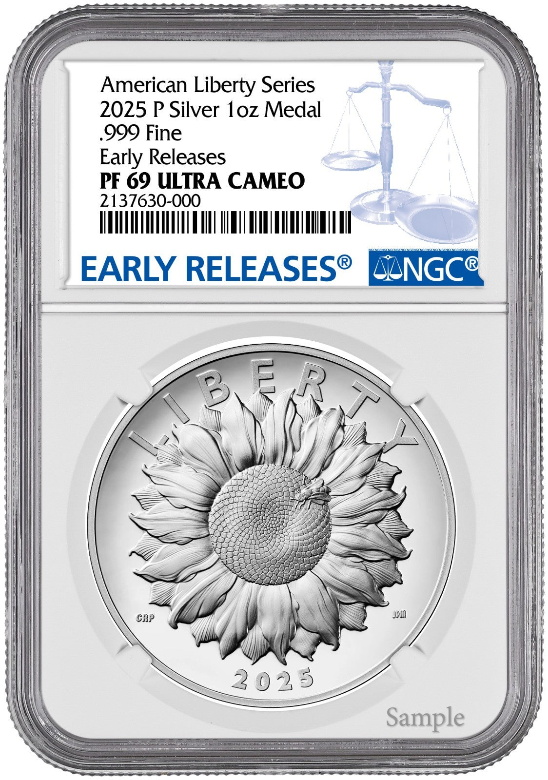 2025-P (PR69) 1 oz High Relief Silver American Liberty Medal NGC ER SunFlower