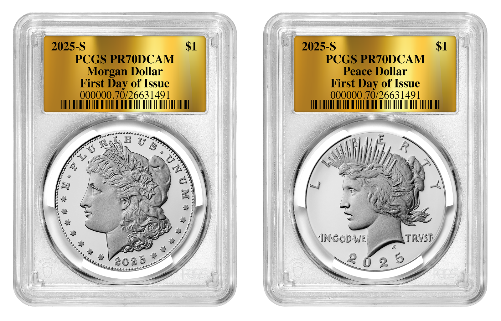 2025-S (PR70) Proof Morgan & Peace Silver Dollar (2 Coin Set) FDOI PCGS Presale