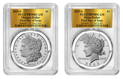 2025-S (PR70) Proof Morgan & Peace Silver Dollar (2 Coin Set) FDOI PCGS Presale