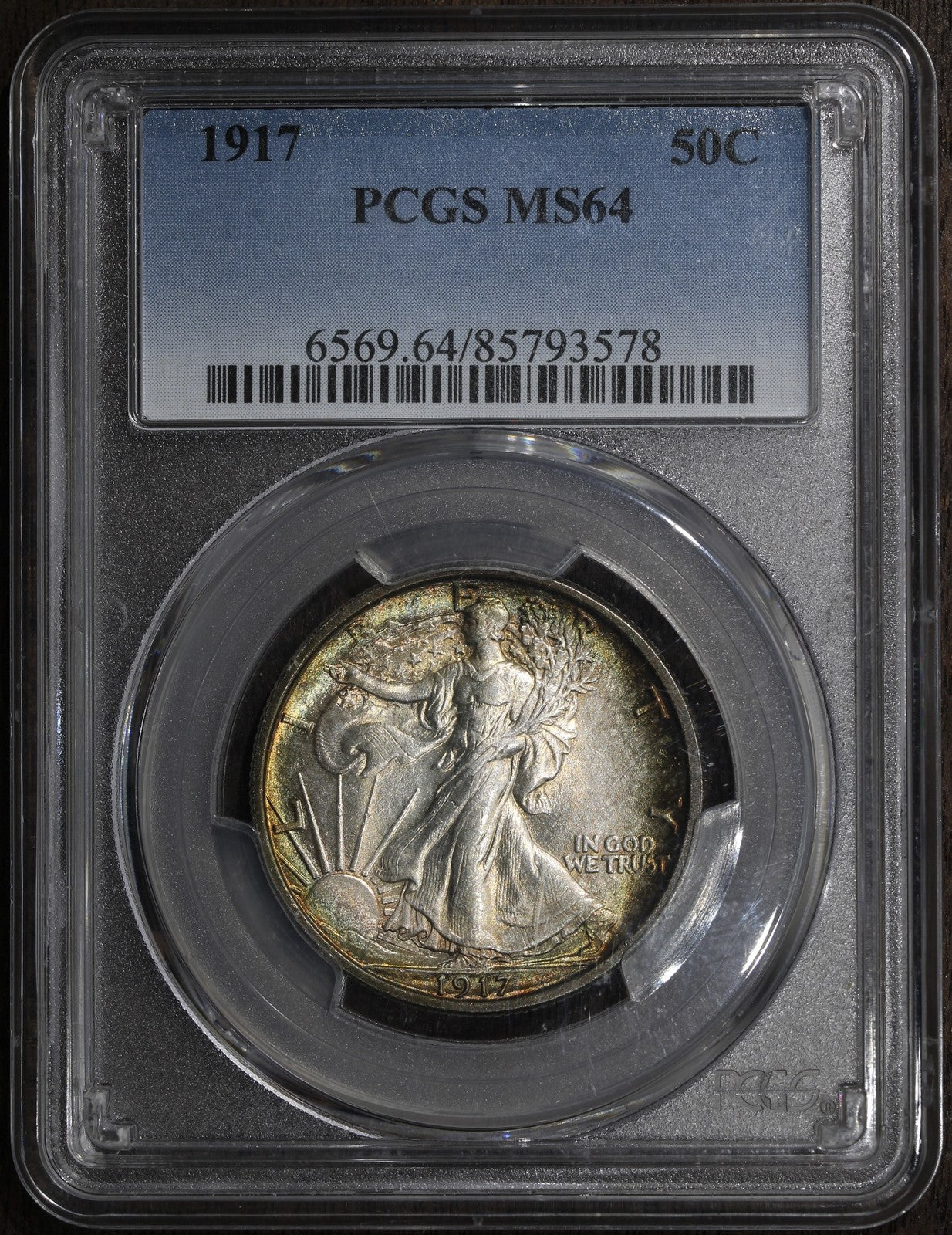 1917 (MS64) Walking Liberty Half Dollar 50C PCGS - Colorful Rainbow Rim Toning