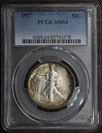 1917 (MS64) Walking Liberty Half Dollar 50C PCGS - Colorful Rainbow Rim Toning