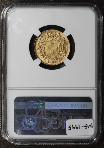 1935-LB (MS63) Switzerland Gold 20 Francs 20FR NGC - 22 Stars on Edge