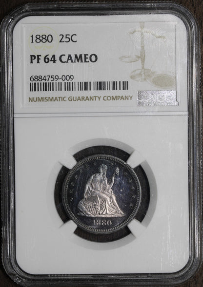 1880 (PF64 CAMEO) Seated Liberty Quarter 25C NGC - Beautiful Toning