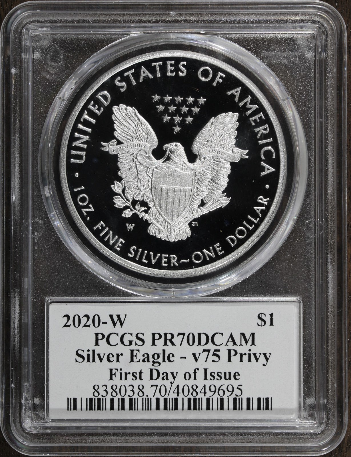 2020-W V75 (PR70 DCAM) Proof Silver Eagle PCGS First Day of Issue FDOI -Mercanti
