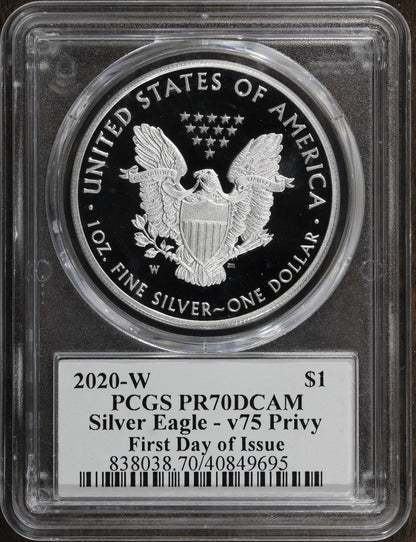 2020-W V75 (PR70 DCAM) Proof Silver Eagle PCGS First Day of Issue FDOI -Mercanti