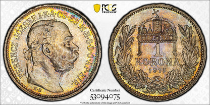 1915-KB (MS64) Hungary Franz Joseph Silver 1 Corona PCGS - Rainbow Toned
