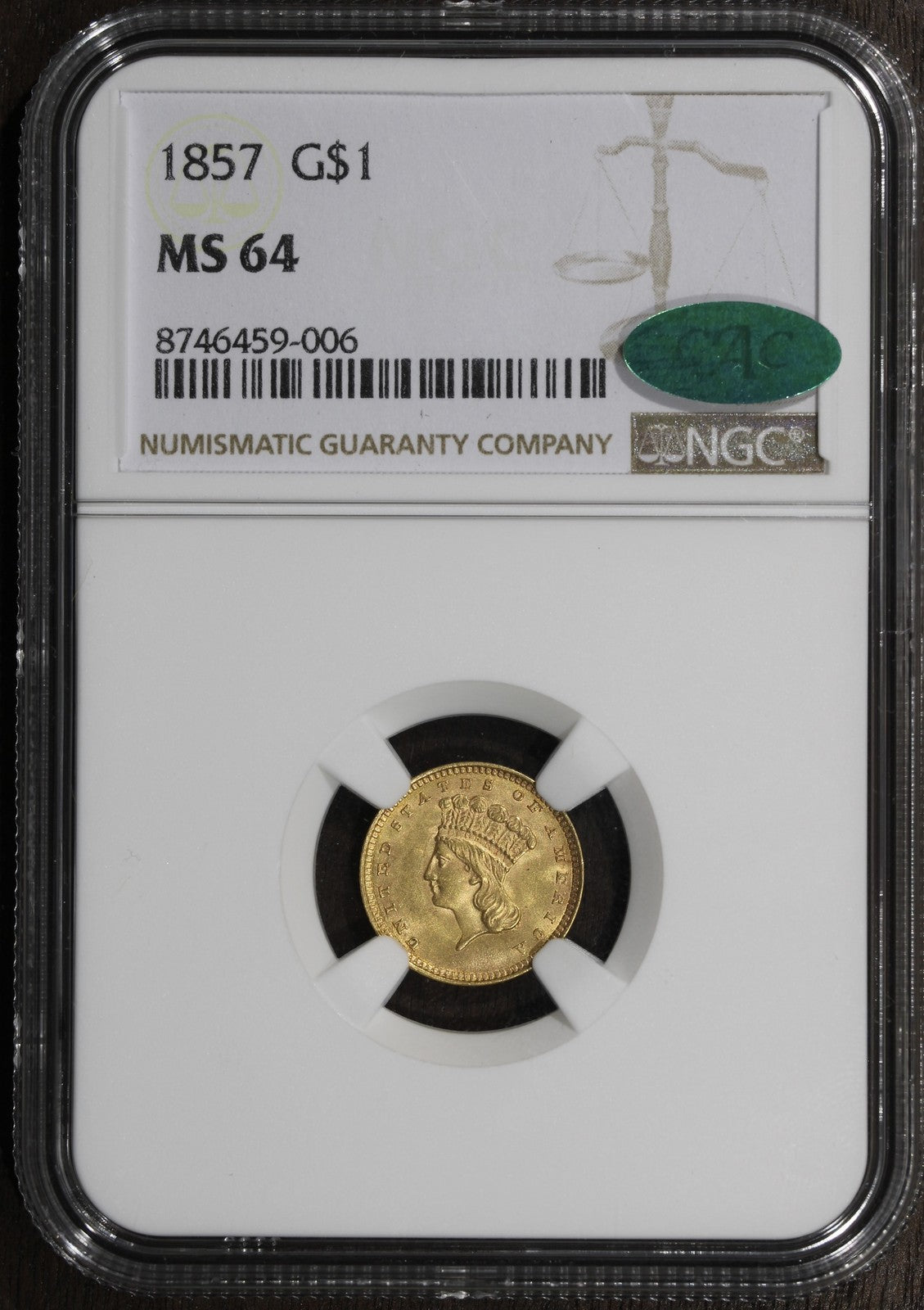 1857 (MS64 CAC) Type 3 Gold Dollar G$1 NGC