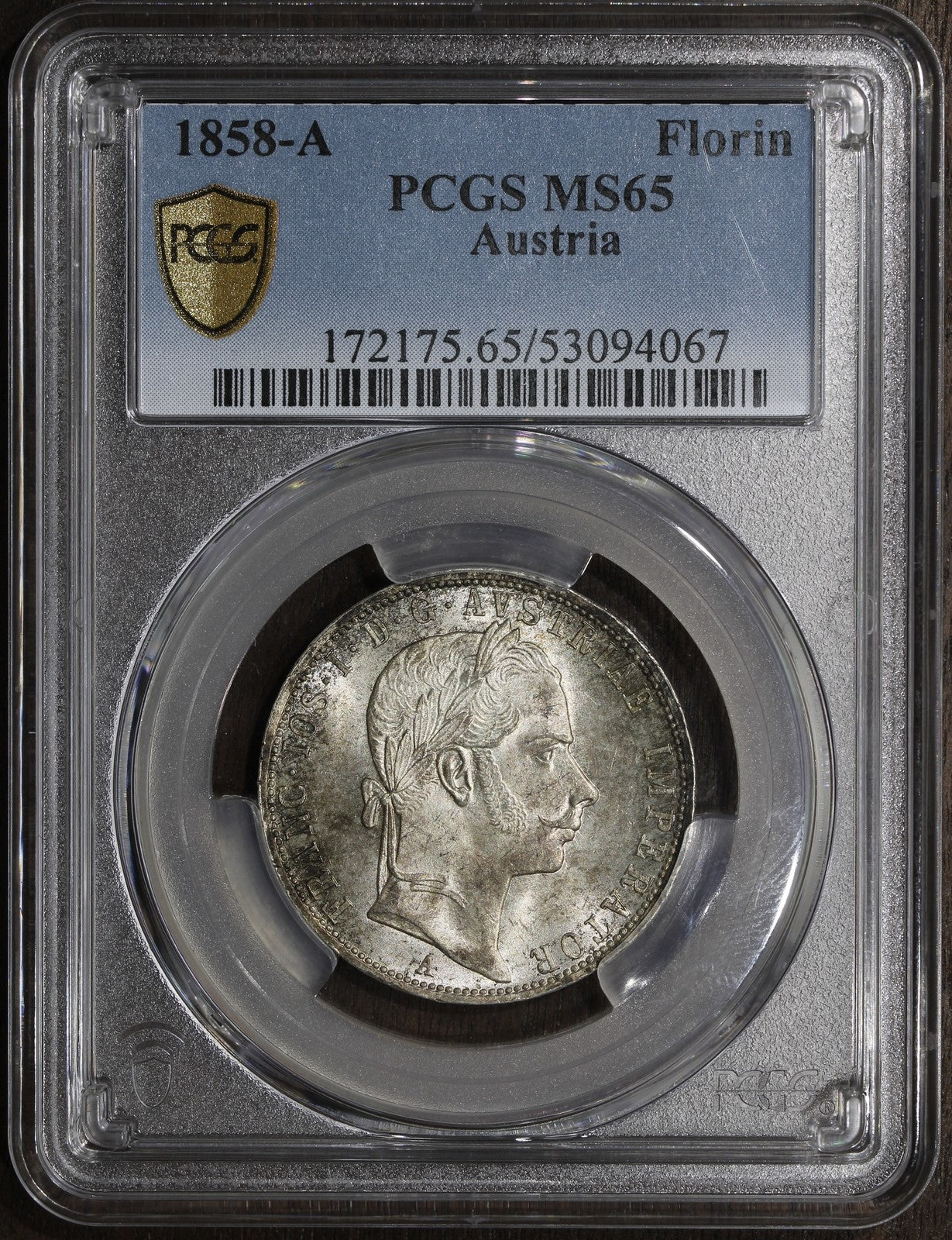 1858-A (MS65) Austria Franz Joseph Silver Florin PCGS - Top Pop Gem!