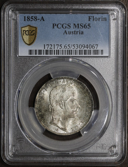 1858-A (MS65) Austria Franz Joseph Silver Florin PCGS - Top Pop Gem!