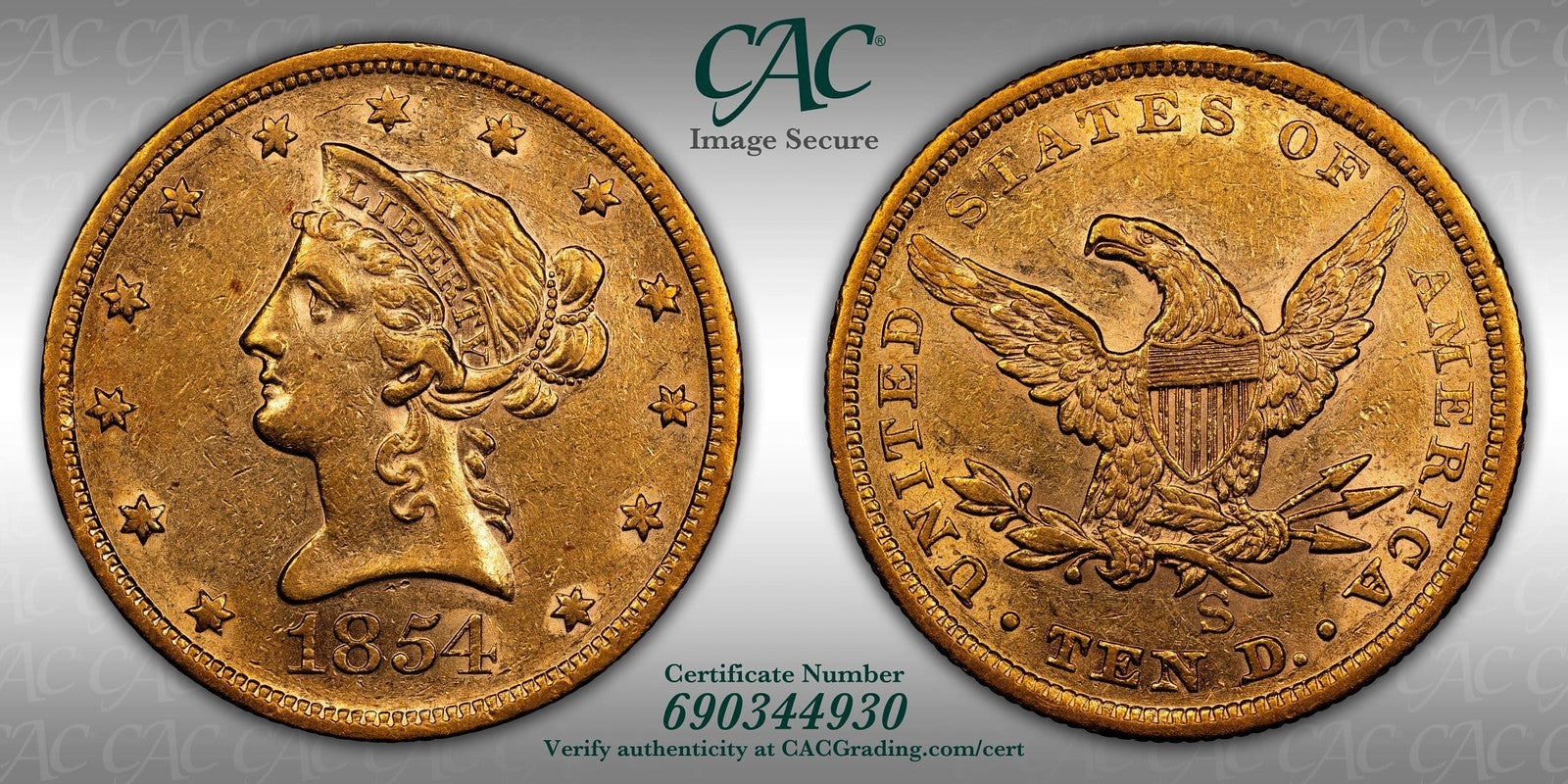 1854-S (AU50 CAC) Liberty Head Gold Eagle $10 CACG - Better Date