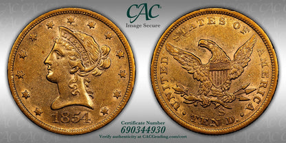 1854-S (AU50 CAC) Liberty Head Gold Eagle $10 CACG - Better Date