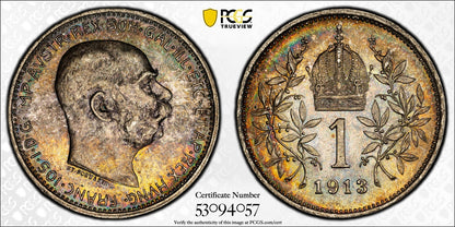 1913 (MS65) Austria Franz Joseph Silver 1 Corona PCGS - Nice Rainbow Toning
