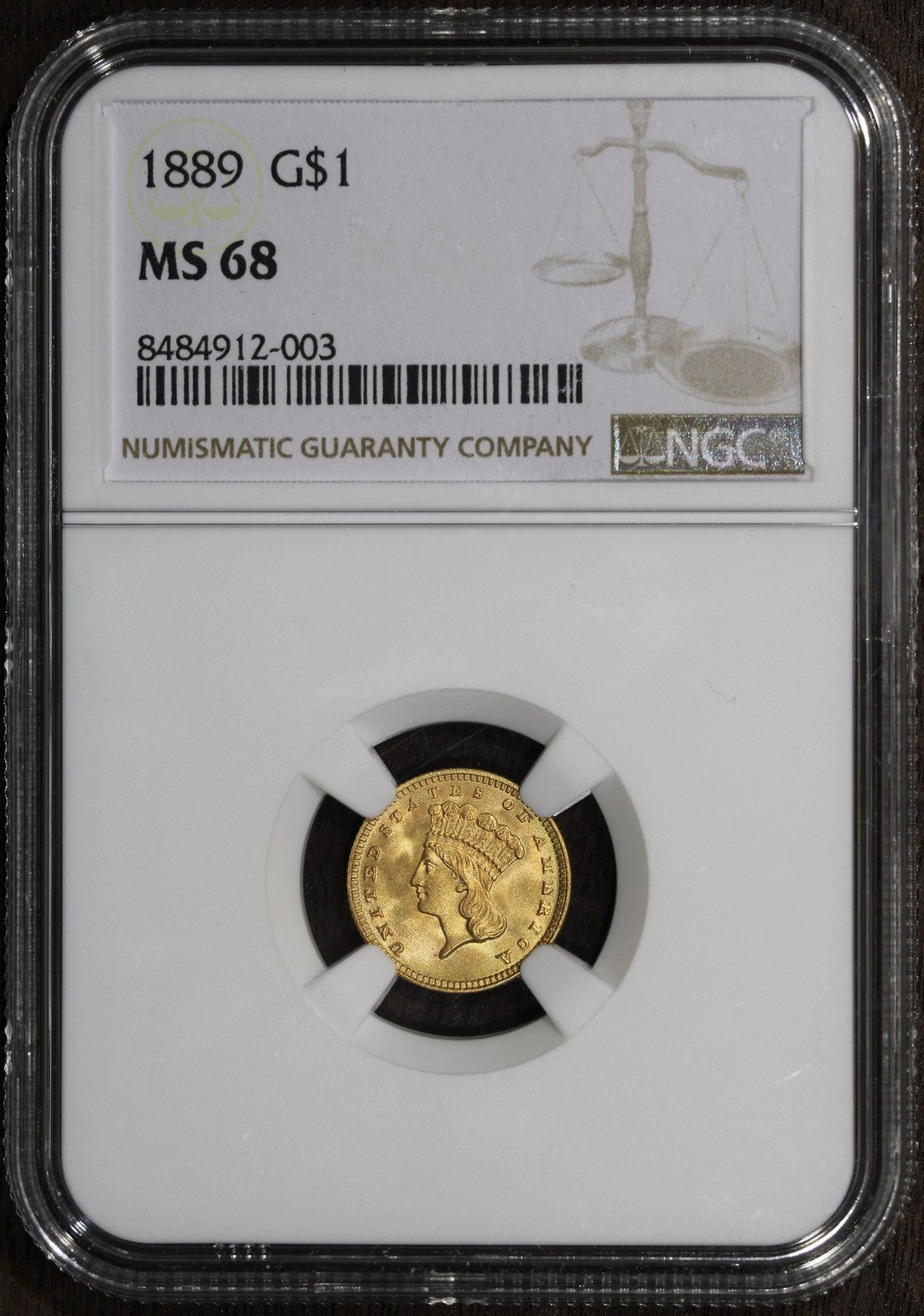 1889 (MS68) Type 3 Indian Princess Gold Dollar G$1 NGC - Near Flawless