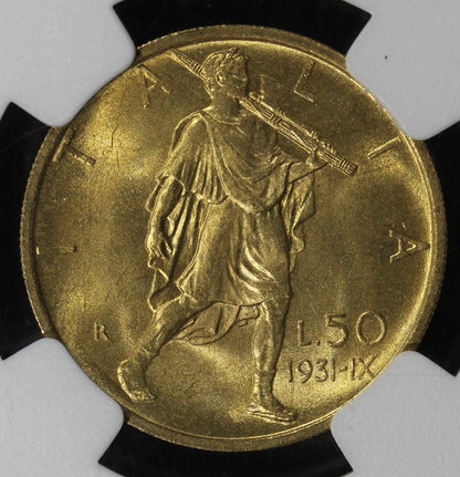 1931R IX (MS65+ PLUS) Italy Gold 50 Lire 50L NGC