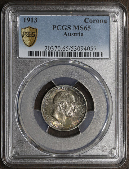 1913 (MS65) Austria Franz Joseph Silver 1 Corona PCGS - Nice Rainbow Toning