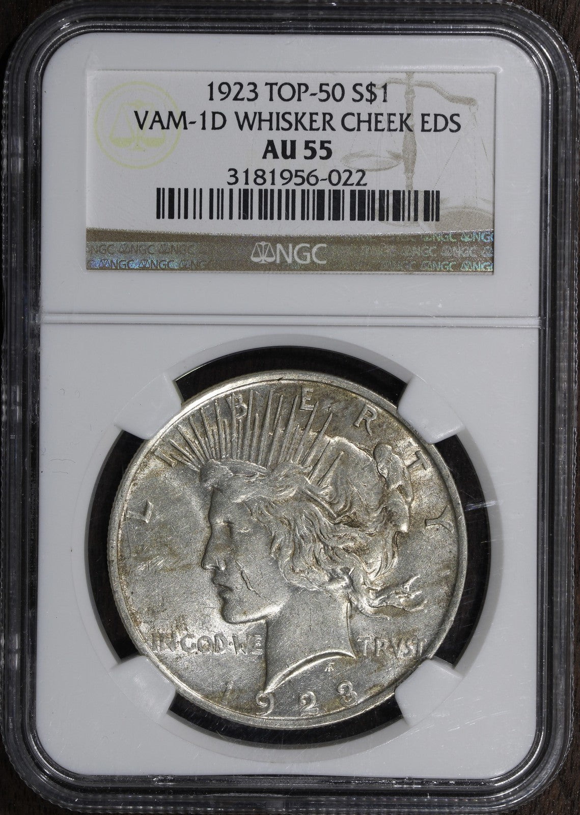 1923 (AU55) Peace Silver Dollar $1 NGC - Vam 1-D Whisker Cheek Top 50
