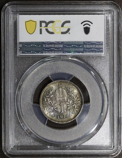 1914 (MS65) Austria Franz Joseph Silver 1 Corona PCGS - Rainbow Toned GEM