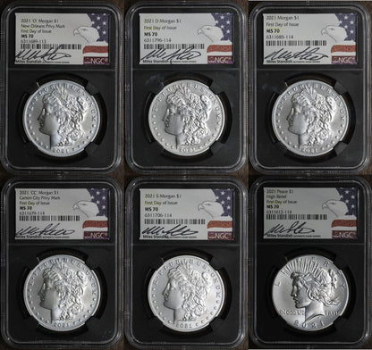 2021 (MS70) Morgan and Peace Dollar Six 6 Coin Set $1 NGC - First Day of Issue