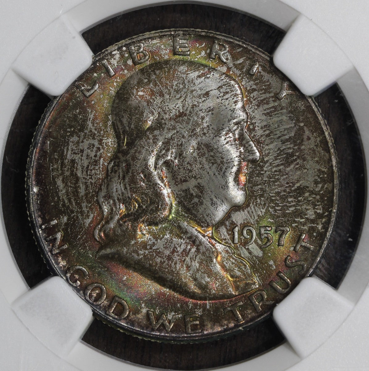 1957-D (MS67 CAC) Franklin Half Dollar 50C NGC - Rainbow Toned