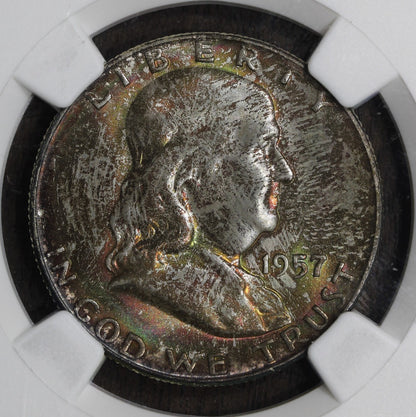1957-D (MS67 CAC) Franklin Half Dollar 50C NGC - Rainbow Toned