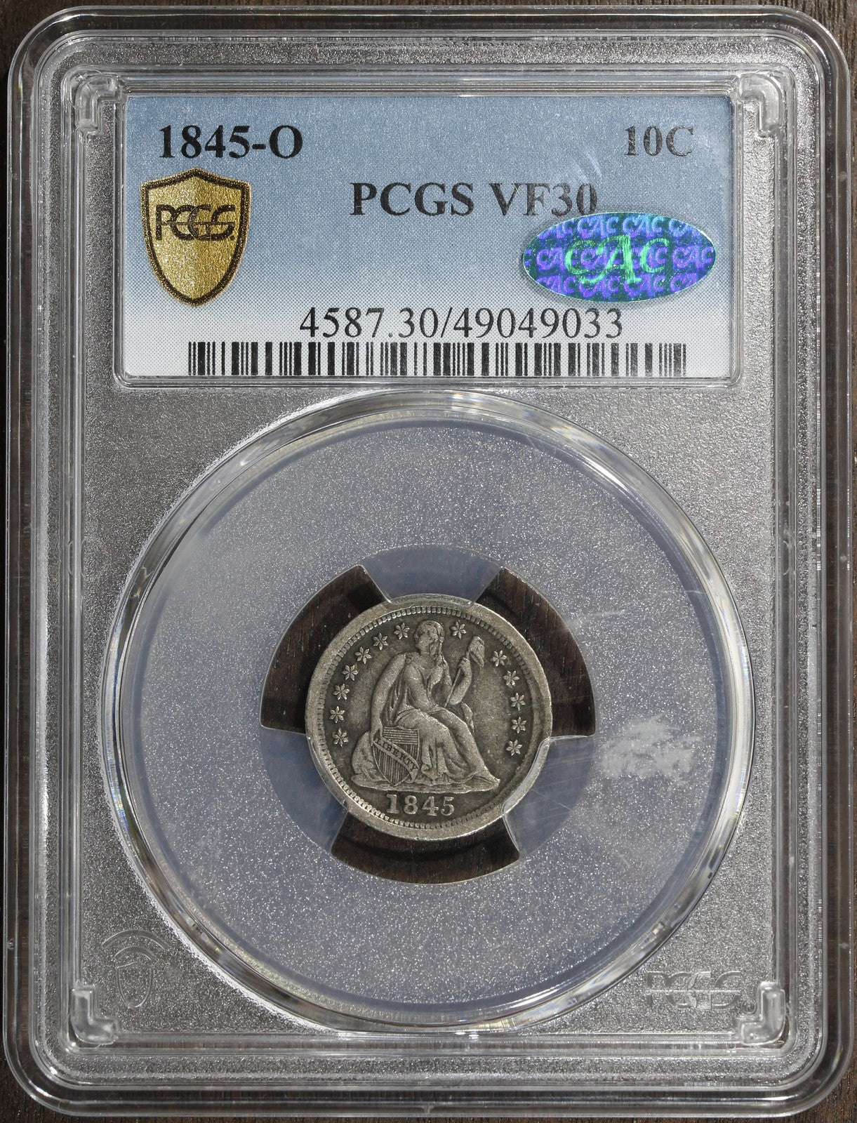 1845-O (VF30 CAC) Seated Liberty Dime 10C PCGS
