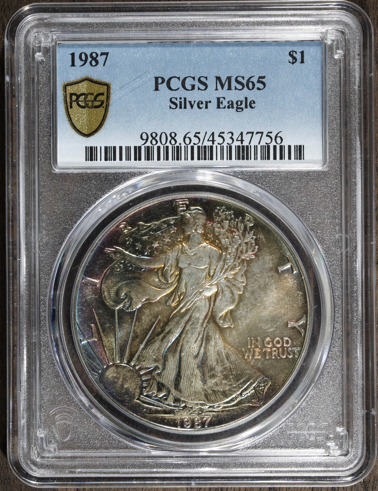 1987 (MS65) American Silver Eagle $1 PCGS - Rainbow Toned ASE!