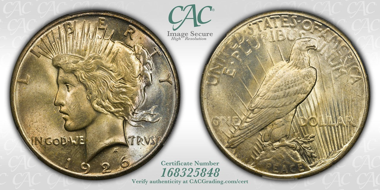 1926 (MS65 CAC) Peace Silver Dollar $1 CACG - Toned Gem!