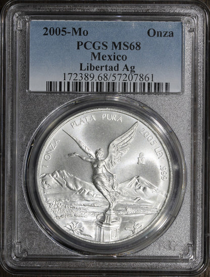 2005-Mo (MS68) 1 oz Silver Libertad Onza PCGS - Near Flawless