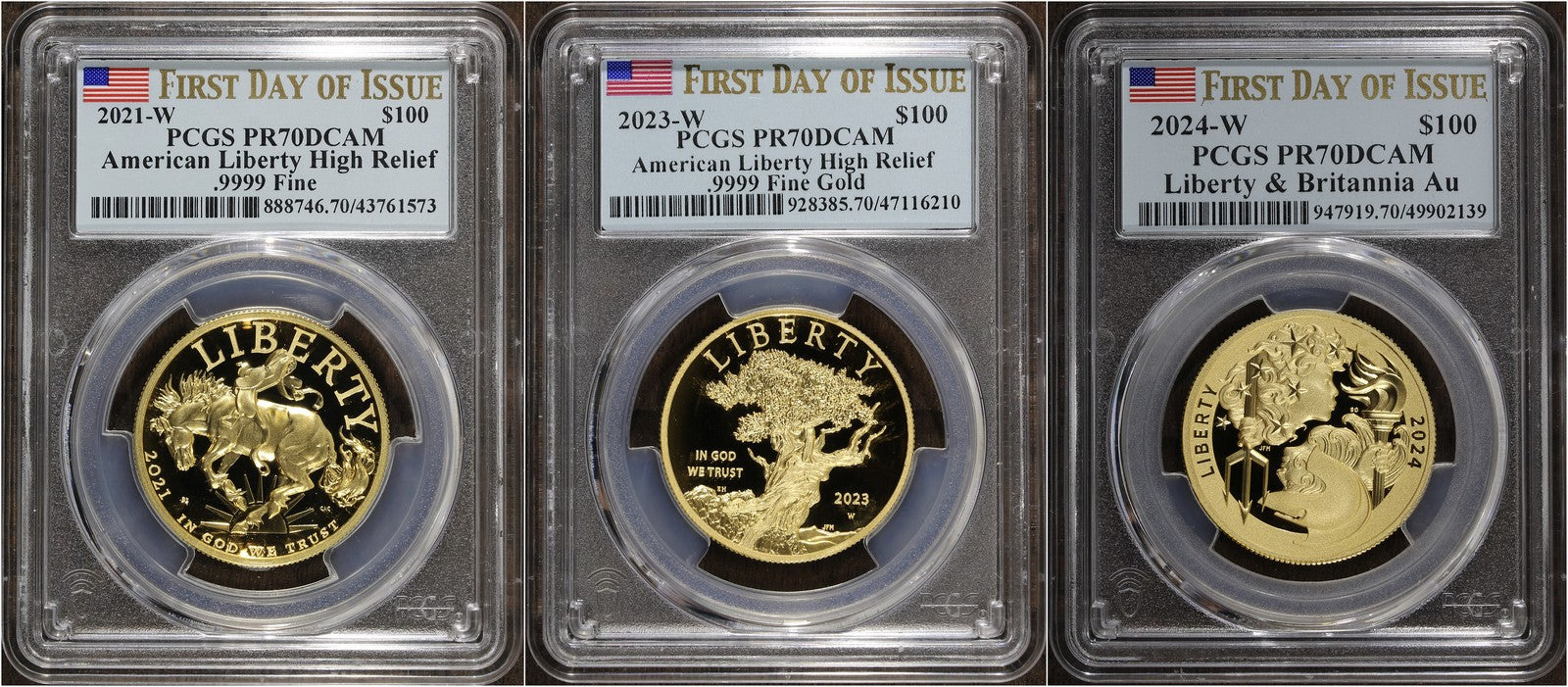 2021, 2023, 2024 (PR70) Gold American Liberty High Relief Set $100 PCGS FDOI