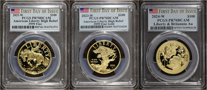 2021, 2023, 2024 (PR70) Gold American Liberty High Relief Set $100 PCGS FDOI