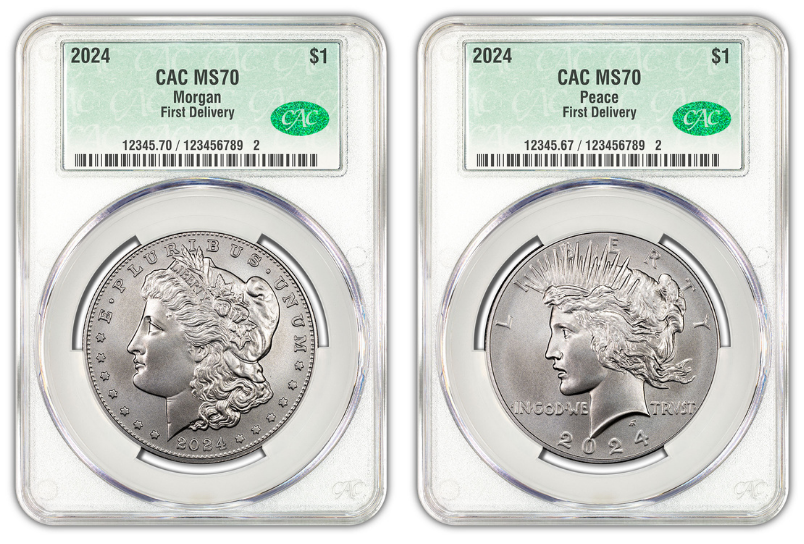 2024 (MS70) Morgan & Peace Silver Dollar (2 Coin Set) CAC First Delivery FD CACG