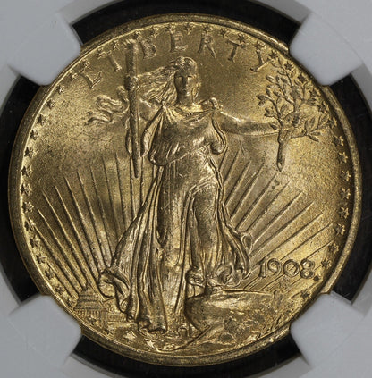 1908 (MS65 CAC) No Motto Saint Gauden's Gold Double Eagle $20 NGC - St.
