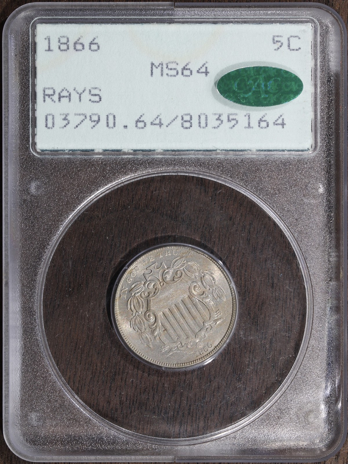 1866 (MS64 CAC) Shield Nickel 5C PCGS Rattler - With Rays