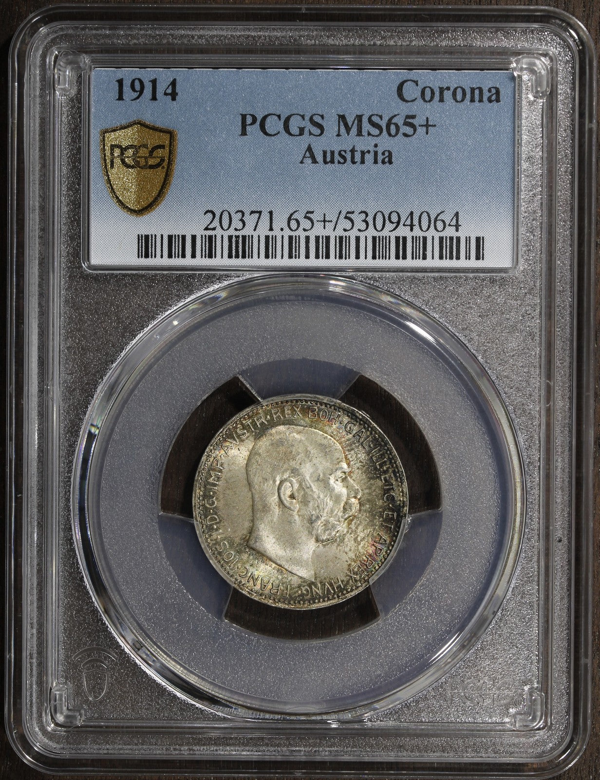 1914 (MS65+) Austria Franz Joseph Silver 1 Corona PCGS - Nice Reverse Toning