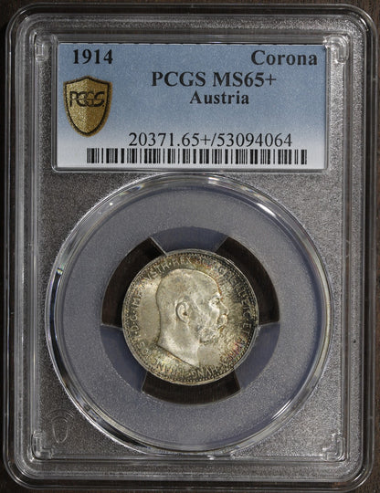 1914 (MS65+) Austria Franz Joseph Silver 1 Corona PCGS - Nice Reverse Toning