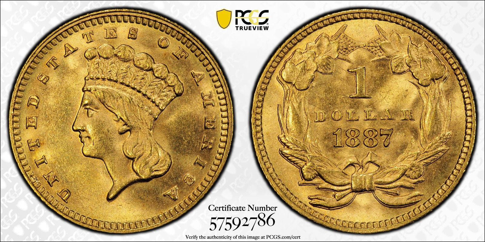 1887 (MS65 CAC) Type 3 Indian Princess Gold Dollar G$1 PCGS - Beautiful