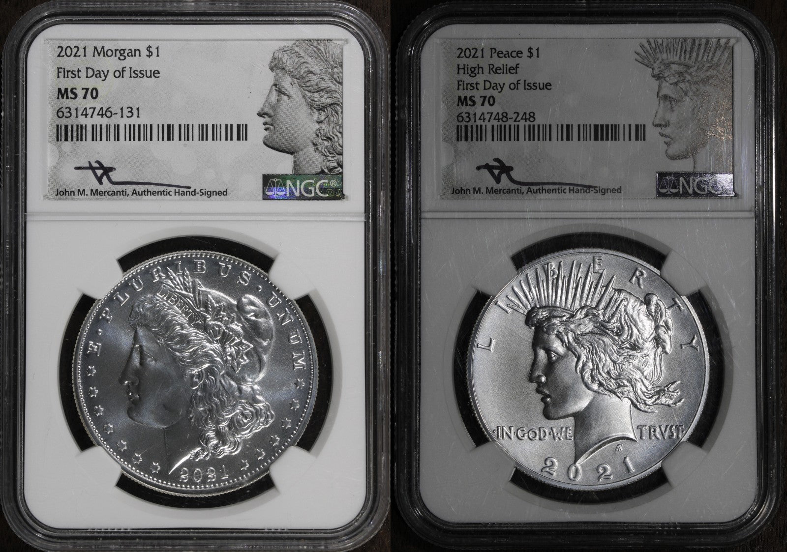 2021-P (MS70) Morgan and Peace Dollar $1 2 Coin Set NGC FDOI - Mercanti Signed
