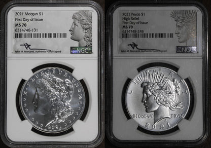2021-P (MS70) Morgan and Peace Dollar $1 2 Coin Set NGC FDOI - Mercanti Signed